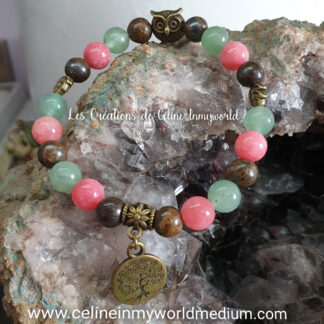 Bracelet pour aider à gérer le stress lié au travail, en Rhodocrosite, Bronzite, Aventurine verte avec Arbre de vie et Chouette