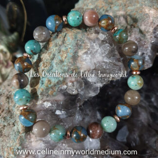 Bracelet pour le bien-être, en Apatite blue lagon, Bois pétrifié et Chrysocolle naturelle