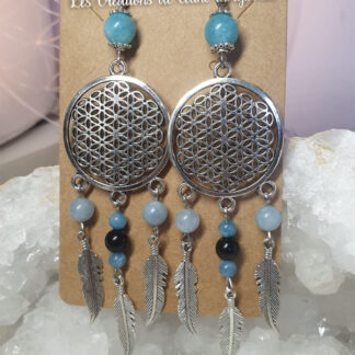 Boucles d'oreilles attrape-rêves avec Fleur de vie pour la clairvoyance et l'abondance, en Aigue-marine et Obsidienne arc-en-ciel