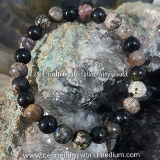 Bracelet pour le pardon, le calme et la sérénité intérieure, en Rhodonite, Piétersite, Vulcanite et tourmaline noire