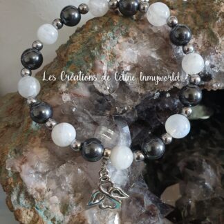 Bracelet pour le sommeil et la motivation, en Hématite et Pierre de lune, avec pendentif ange
