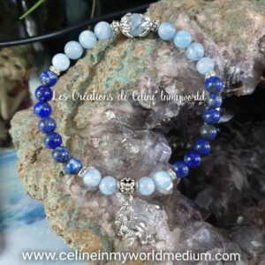 Bracelet pour la Clairvoyance et le 3ème oeil, en Aigue-Marine et Lapis-lazuli avec pendentif Dragon