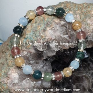 Bracelet pour se détacher du regard d'autrui et avancer dans son chemin de vie avec confiance, en Quartz fraise, Aigue-marine, Agate mousse, Quartz-rutile et Citrine