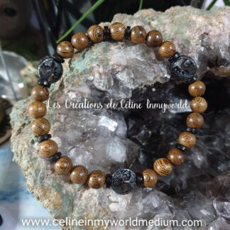 Bracelet de protection , en Bois de santal avec Arbres de vie en Hématite