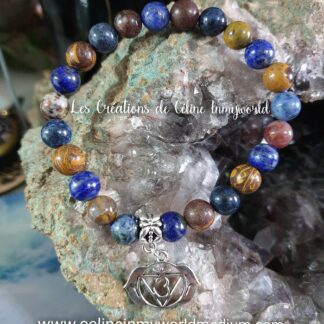 Bracelet pour le chakra du 3ème oeil, en Dumortiérite, Lapis-lazuli, Piétersite et Ophite, avec symbole du chakra 3ème oeil