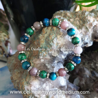 Bracelet pour la protection et aider au discernement, en Malachite, Lépidolite et Oeil-de-tigre teinté bleu