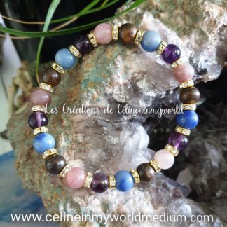 Bracelet pour la fatigue et les douleurs, en Améthyste foncée, Aventurine bleue, Lépidolite et Bronzite