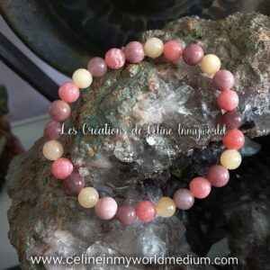 Bracelet pour Chemin de vie, en Jade jaune, Rhodonite rose, Rhodocrosite et Lépidolite