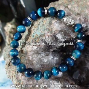 Bracelet pour atténuer le stress, en Oeil-de-tigre (teinté bleu) avec Bouddha