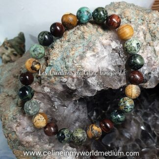 Bracelet pour l'ancrage et "tenir bon", en Oeil-de-taureau, Jaspe Kalahari, Pierre Kabamba et Turquoise africaine