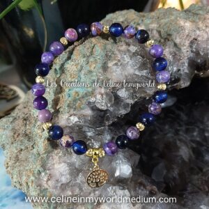 Bracelet pour le calme, la sérénité et la protection, en Oeil-de-tigre (teinté violet et bleu), Jaspe sédiments et Arbre de vie