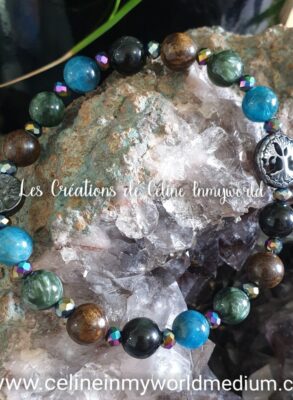 Bracelet Chemin de Vie en Séraphinite, Apatite bleue, Bronzite, Obsidienne arc-en-ciel et Arbres de vie en Hématite