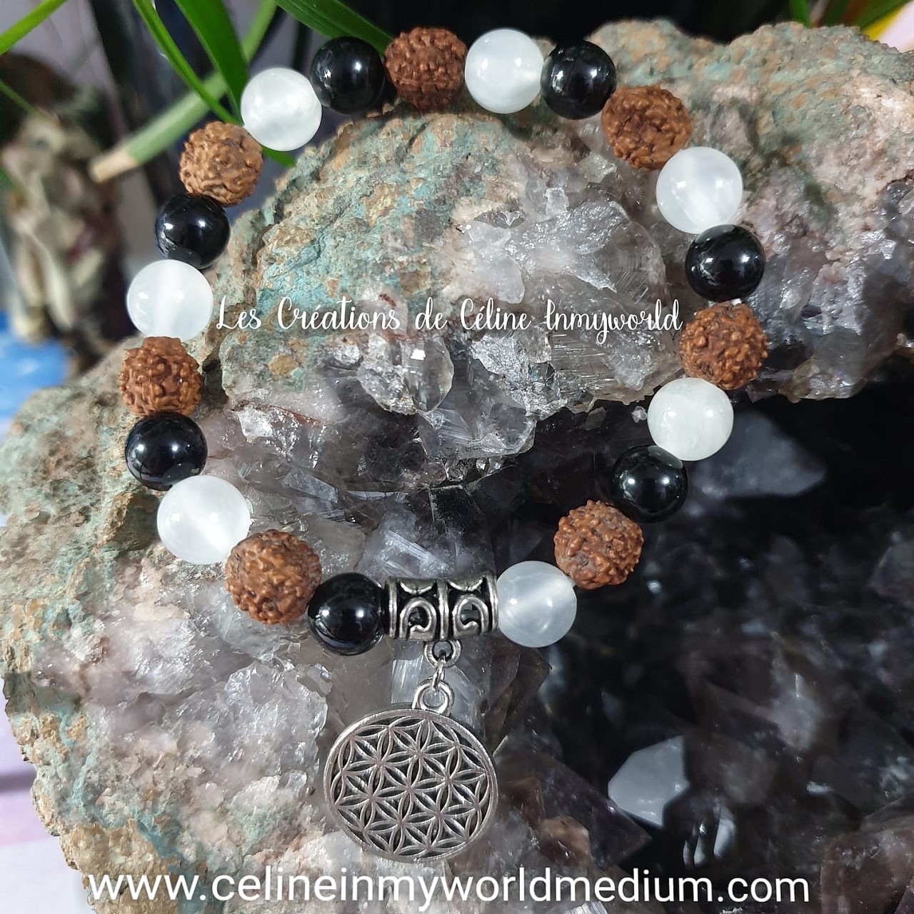 Bracelet personnalisé chemin de vie, en Sélénite, Spinelle noir et Graines de Rudraksha