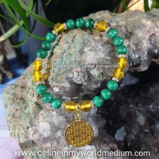 Bracelet pour la gaieté, la joie de vivre et la confiance en soi, en Malachite et Ambre jaune, avec Fleur de Vie