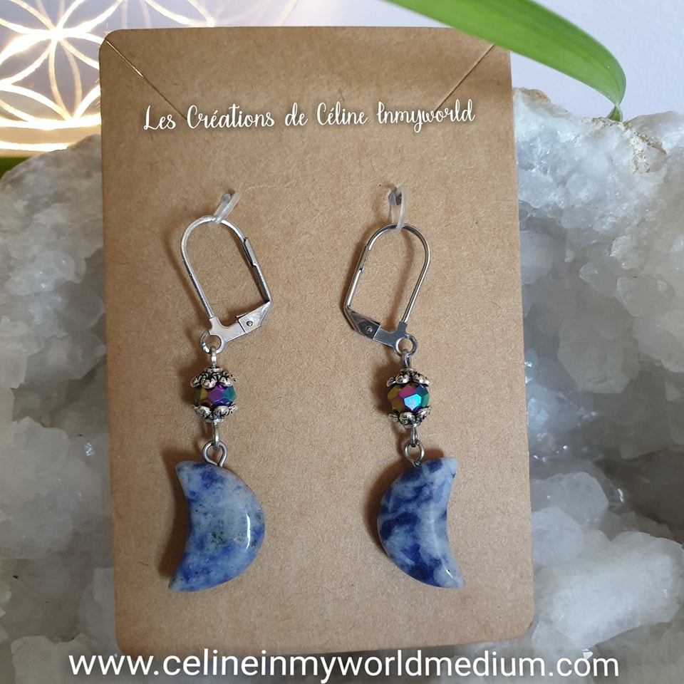 Boucles d'oreilles Lune en Sodalite, pour soulager le sentiment de culpabilité