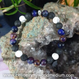 Bracelet personnalisé Chemin de Vie, en Oeil-de-tigre (teinté bleu et violet), Pierre de lave, Magnésite et Améthyste stabilisée