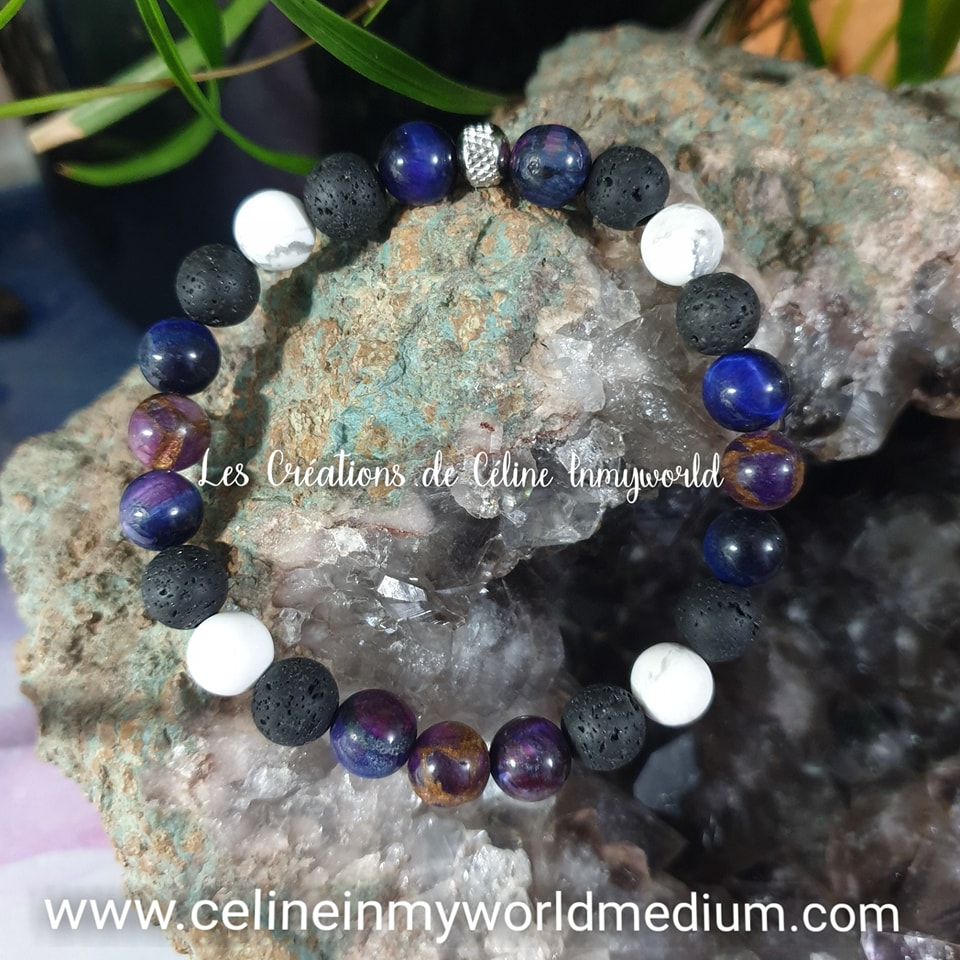 Bracelet personnalisé Chemin de Vie, en Oeil-de-tigre (teinté bleu et violet), Pierre de lave, Magnésite et Améthyste stabilisée