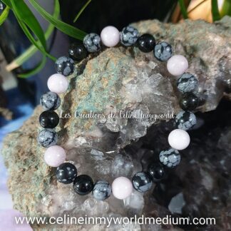 Bracelet pour l'ouverture des capacités médiumniques, en Kunzite, Obsidienne flocons de neige et Obsidienne Oeil-céleste