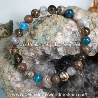 Bracelet Chemin de Vie en Bois pétrifié, Opale noble, Apatite bleue, Quartz fumé et Agate à lamellesv