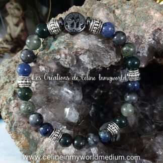 Bracelet Chemin de vie, en Dumortiérite, Héliotrope, Jaspe volcanique, Larvikite et Arbre de vie en Hématite