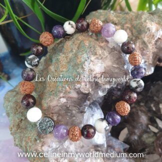Bracelet de protection pour aider à se libérer des angoisses En Charoïte, Grenat, Marbre Zèbre, Graines de Rudraksha et Arbre de vie en Hématite