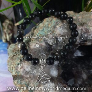 Bracelet pour aider à se défendre des attaques spirituelles, en Obsidienne argentée avec pendentif Ange gardien
