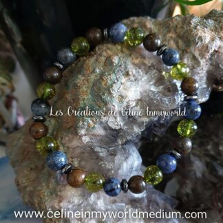 Bracelet pour la sérénité intérieure en Bronzite, Olivine, Dumortiérite et séparateur en Hématite