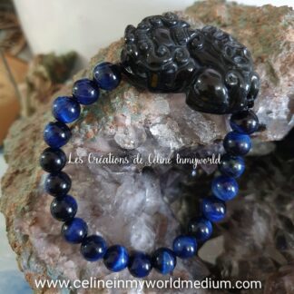 Bracelet Pixiu pour attirer la chance et l'abondance, en Œil-de-faucon et Obsidienne Œil Céleste