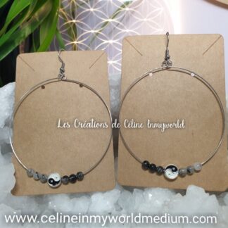 Boucles d'oreilles Créoles Yin et Yang, en Quartz-Tourmaline