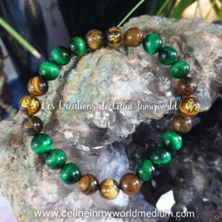 Bracelet de protection pour le stress, en Oeil-de-tigre naturel, Oeil-de-tigre avec gravures dorées de mantras tibétains de protection et Oeil-de-tigre coloré vert