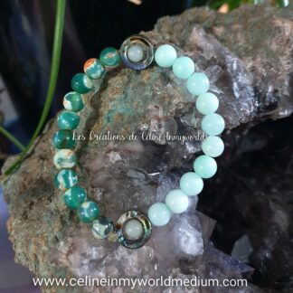 Bracelet pour rester dans son chemin de Vie. En Amazonite bleue, Agate à signature d'estomac et Abalone