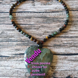 Collier pour la clairvoyance et la protection énergétique, en Obsidienne arc-en-ciel, Jaspe volcanique et Oeil de fer