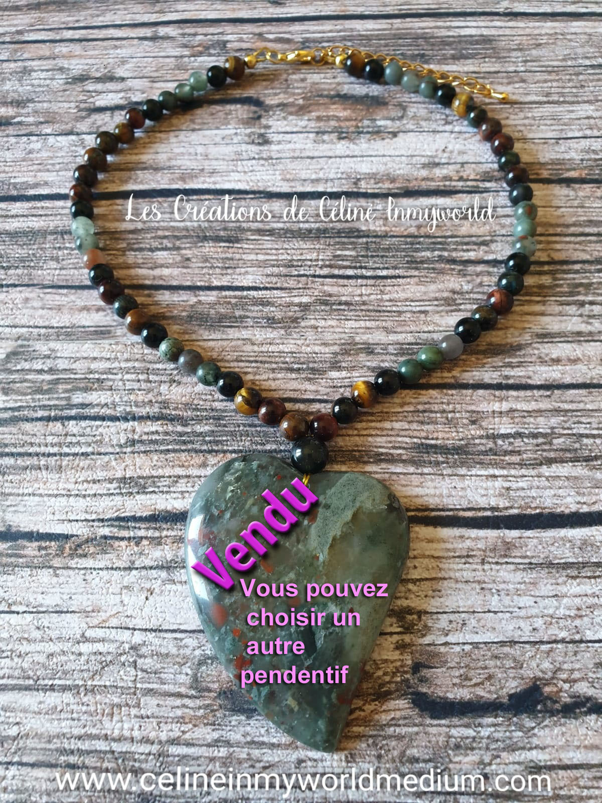 Collier pour la clairvoyance et la protection énergétique, en Obsidienne arc-en-ciel, Jaspe volcanique et Oeil de fer